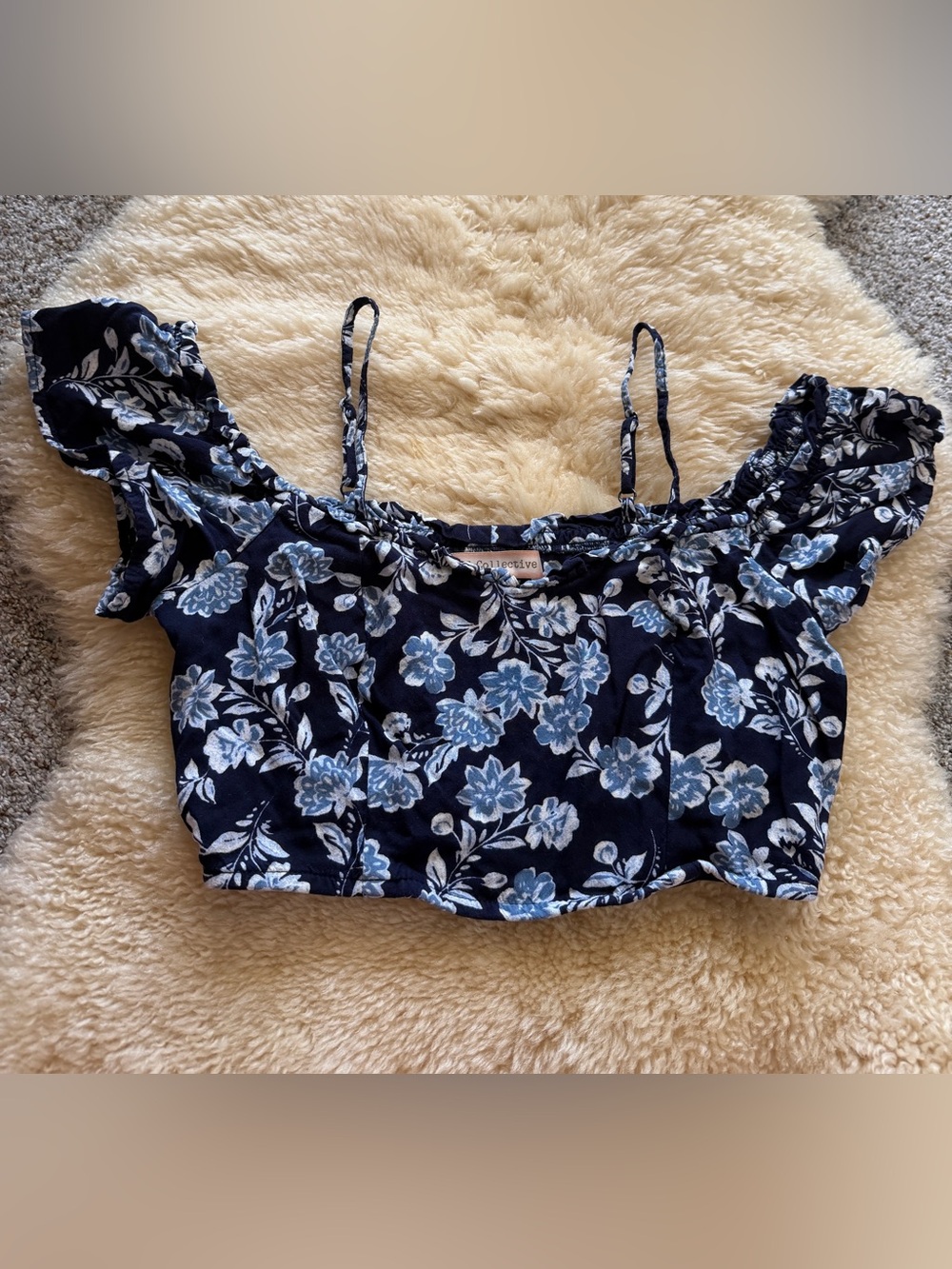 Navy Blue Floral Off-Shoulder Crop Top
